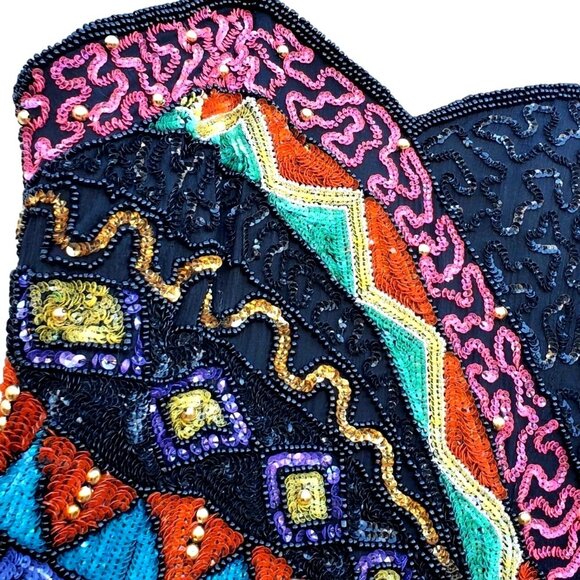 Black Beaded Dress 80s XS Together Silk Black Colorful - Picture 6 of 16